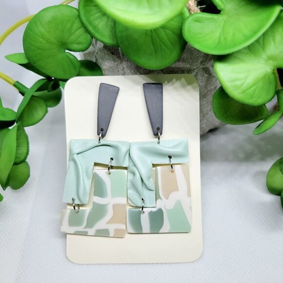 NWT Clay earrings handmade light blue stained glass paired with silk design - Picture 2 of 3